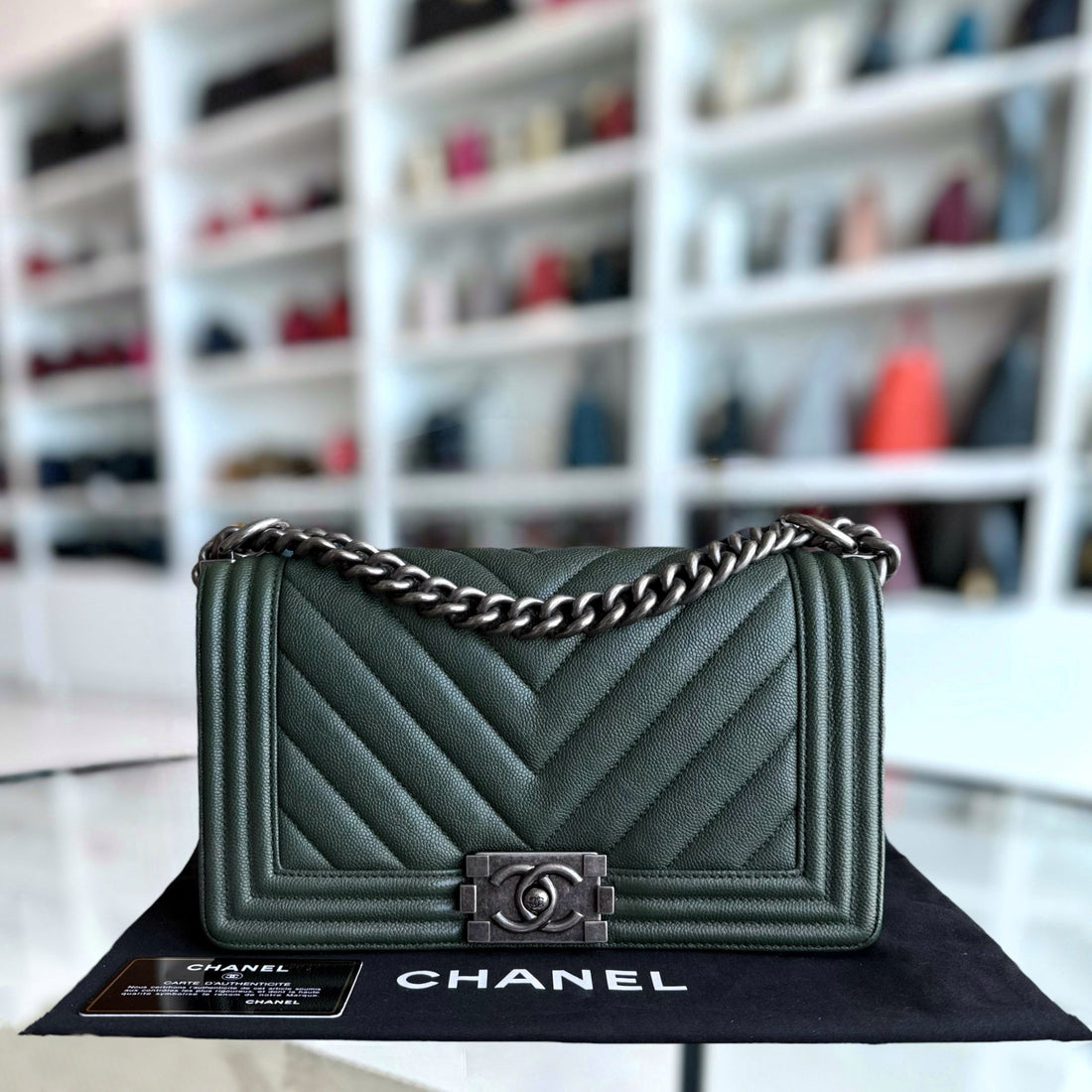 Chanel Boy Medium - Togo/epsom/caviar/clemence/callfskin/cowhide/lambskin 25CM Chevron Dark Green Ruthenium Silver Hardware Series 26