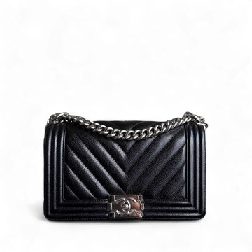 Chanel Boy Medium - Togo/epsom/caviar/clemence/callfskin/cowhide/lambskin 25CM Chevron Black Silver Hardware Series 29