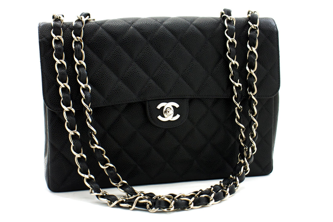 Top Quality Chanel Classic Large 11" Chain Shoulder Bag Black Grained Calfskin