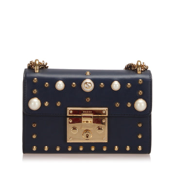 Gucci Small Studded Padlock Leather Crossbody Bag Dark Blue GHW