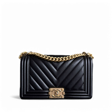 Chanel Boy Medium - 25CM Chevron CalBNkin Black Aged Gold Hardware Series 25
