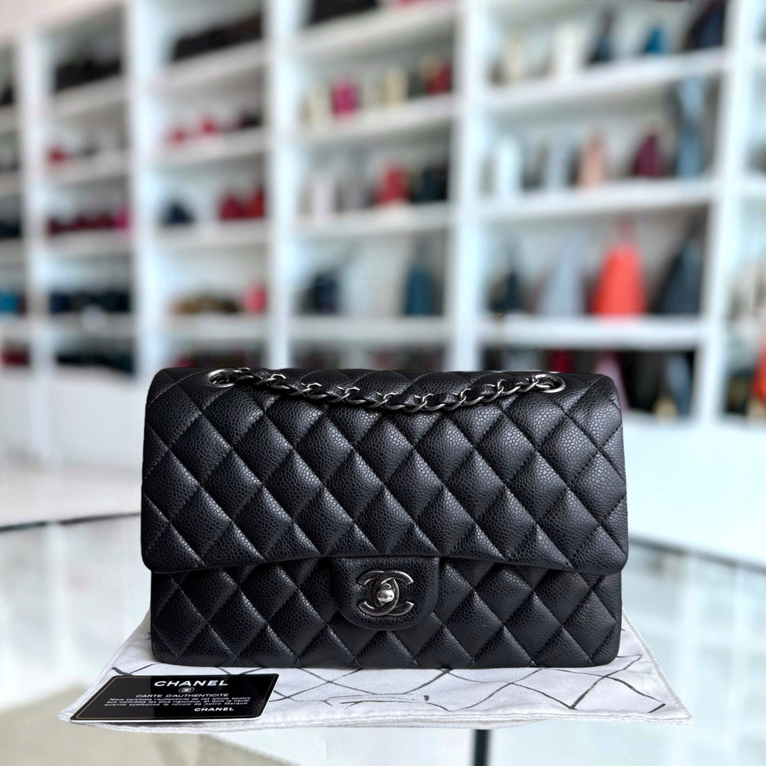 Chanel Classic Flap Medium - Togo/epsom/caviar/clemence/callfskin/cowhide/lambskin 25CM Quilted Black Ruthenium Silver Hardware Series 21