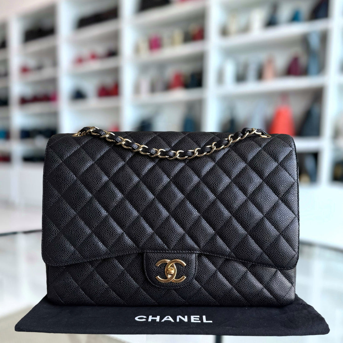 Chanel Classic Flap Maxi - Togo/epsom/caviar/clemence/callfskin/cowhide/lambskin Double Flap 33CM Quilted Black Gold Hardware Series 14
