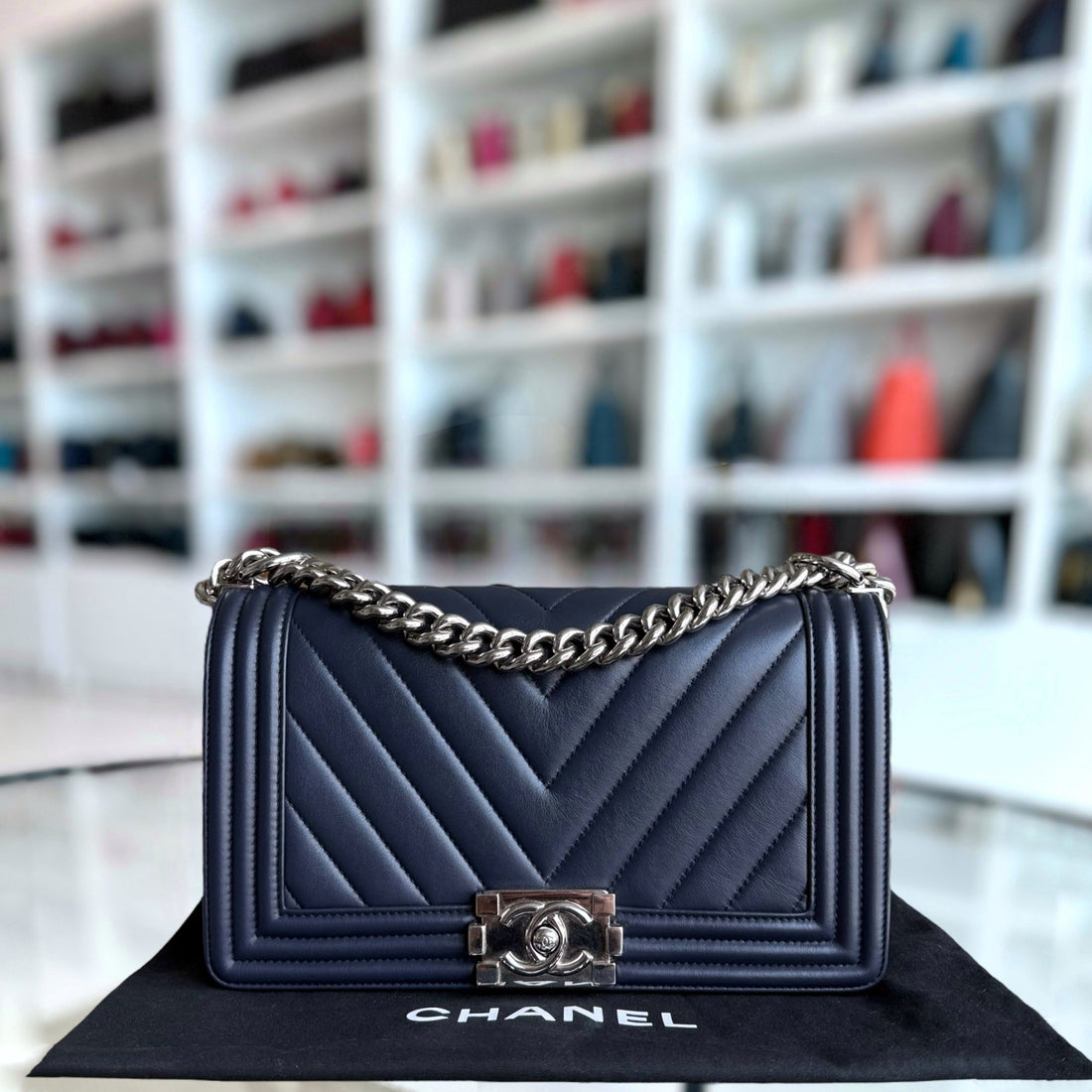 Chanel Boy Medium - 25CM Quilted CalBNkin Dark Blue Silver Hardware Series 22