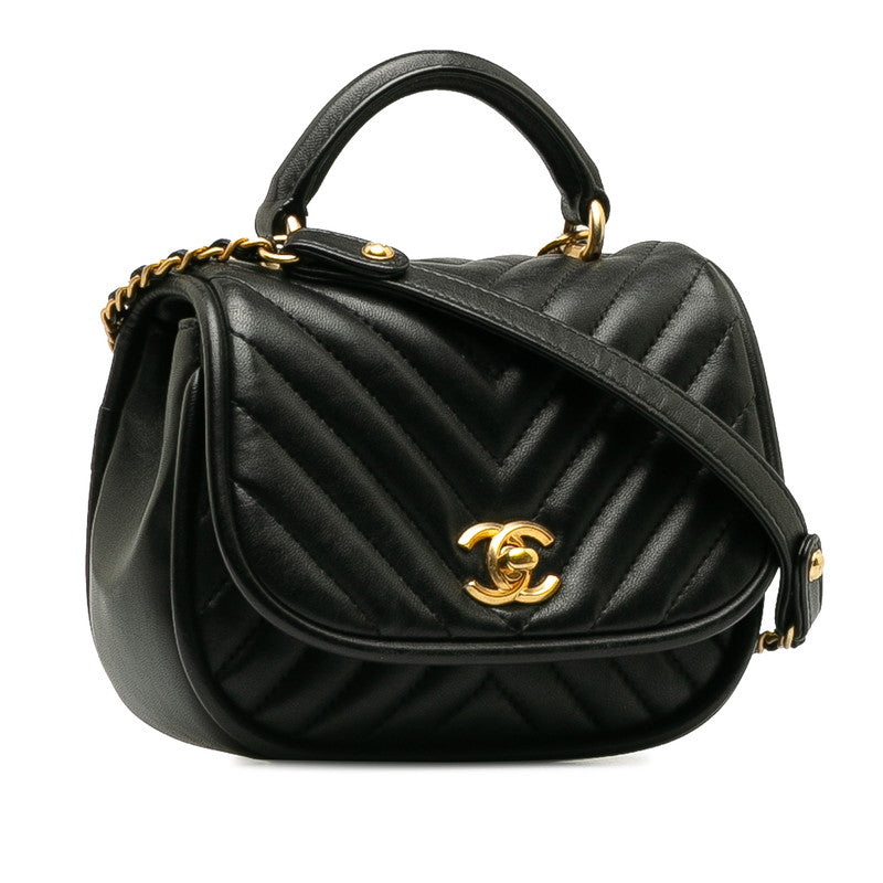 Chanel Coco V Stitch Top Handle  Chain Shoulder Bag Black Leather   Chanel Middle]