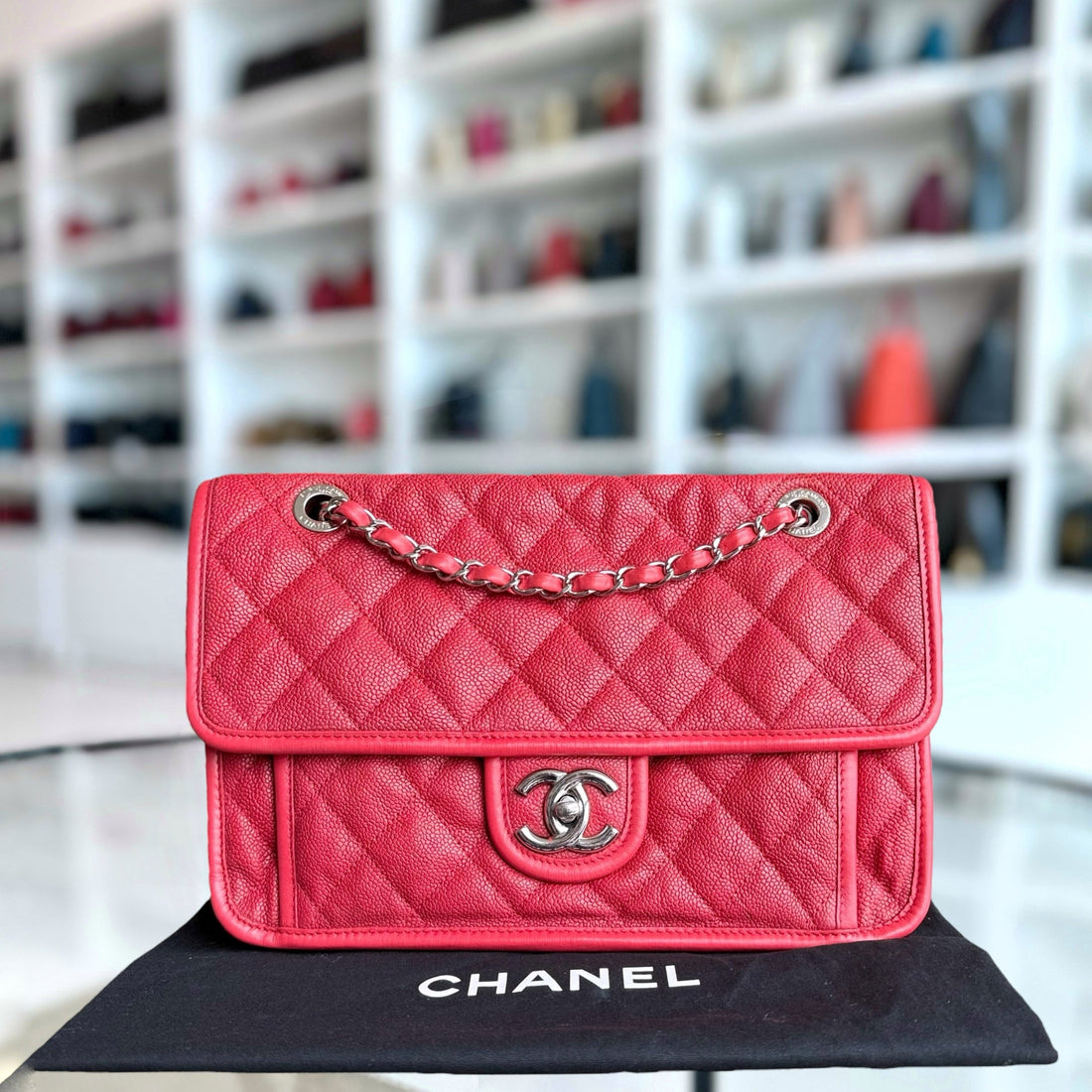 Chanel French Riviera - Togo/epsom/caviar/clemence/callfskin/cowhide/lambskin 29CM Quilted Seasonal Flap Red Silver Hardware Series 15