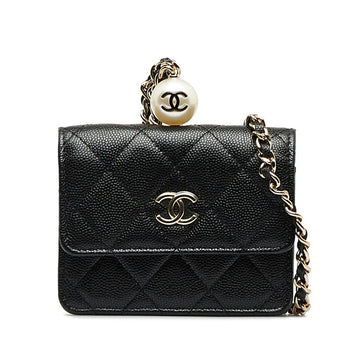 Chanel Matrases Cocono mark Fake Pearl Chain CoinPars Card Case Black Caviar   CHANEL