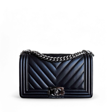 Chanel Boy Medium - 25CM Quilted CalBNkin Black Dark Silver Hardware Series 25
