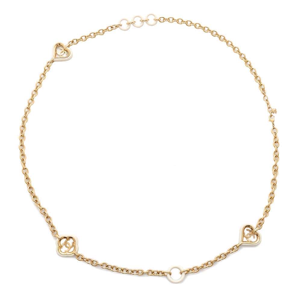 CHANEL CC Logo Heart Motif Chain Long Necklace White/Gold Metal Lacquer