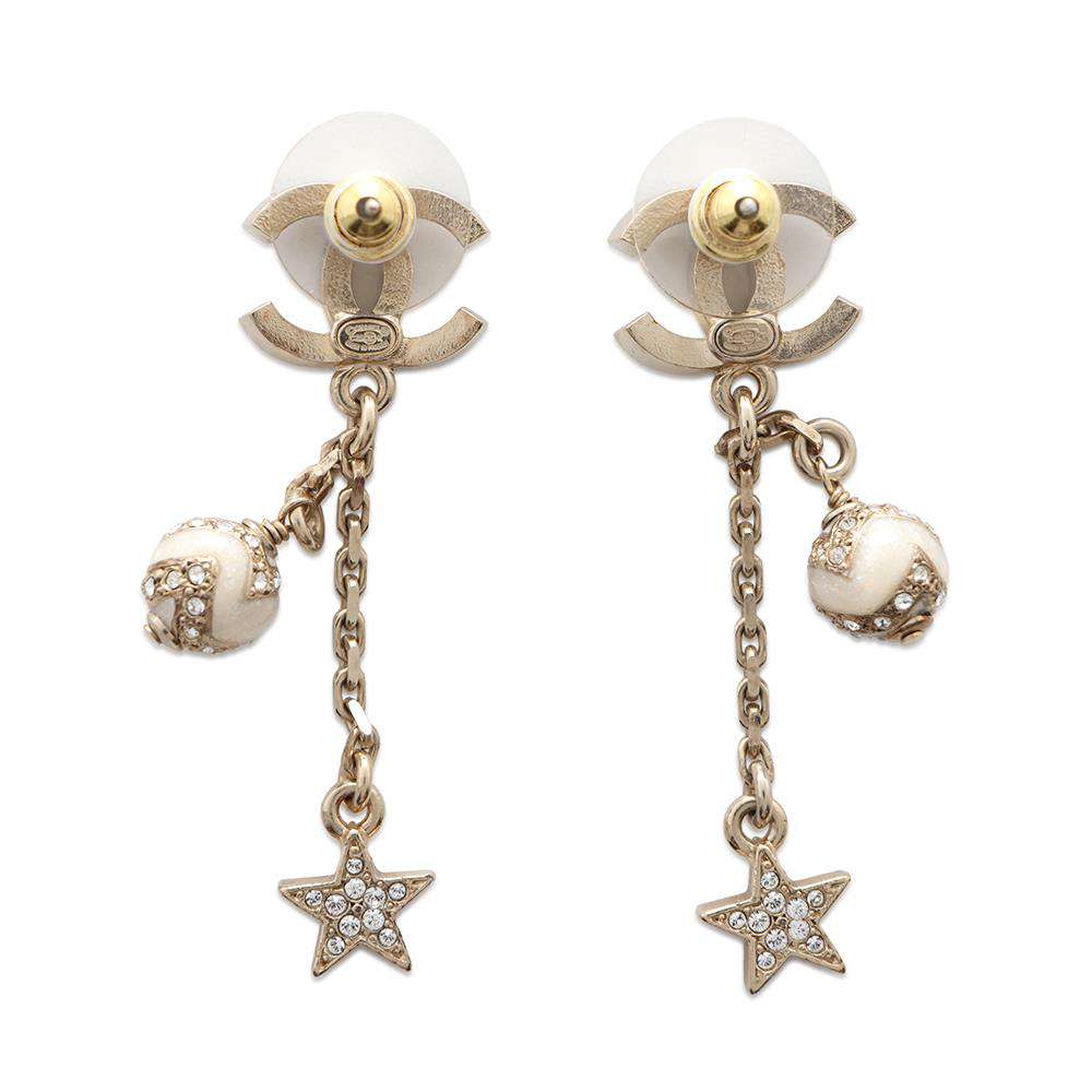 CHANEL CC Logo Star Motif Swing Earrings White Gold Plated Rhinestone