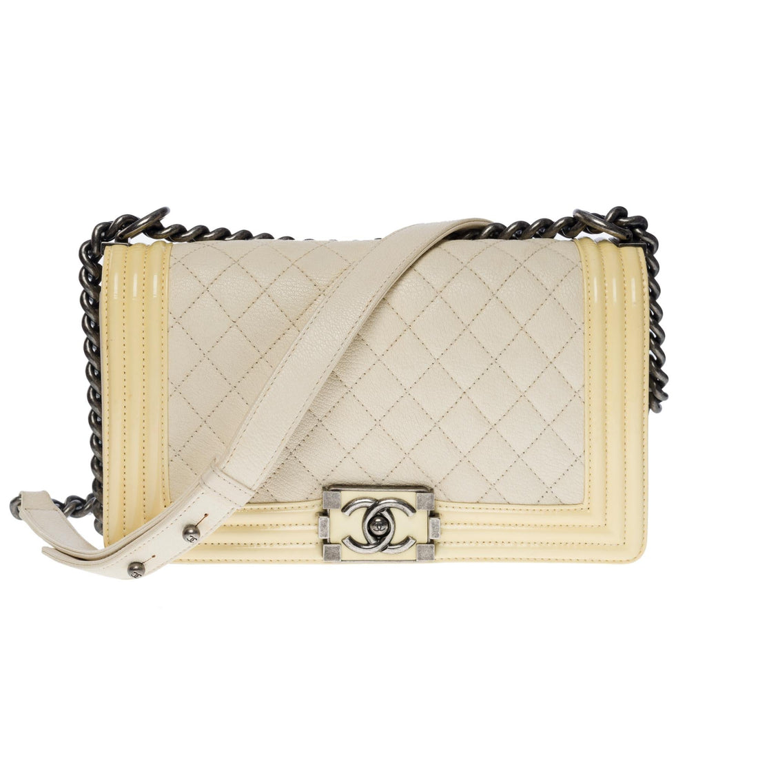 Chanel Boy medium shoulder bag in beige caviar & Yellow New 1:1 Rep leather, SHW