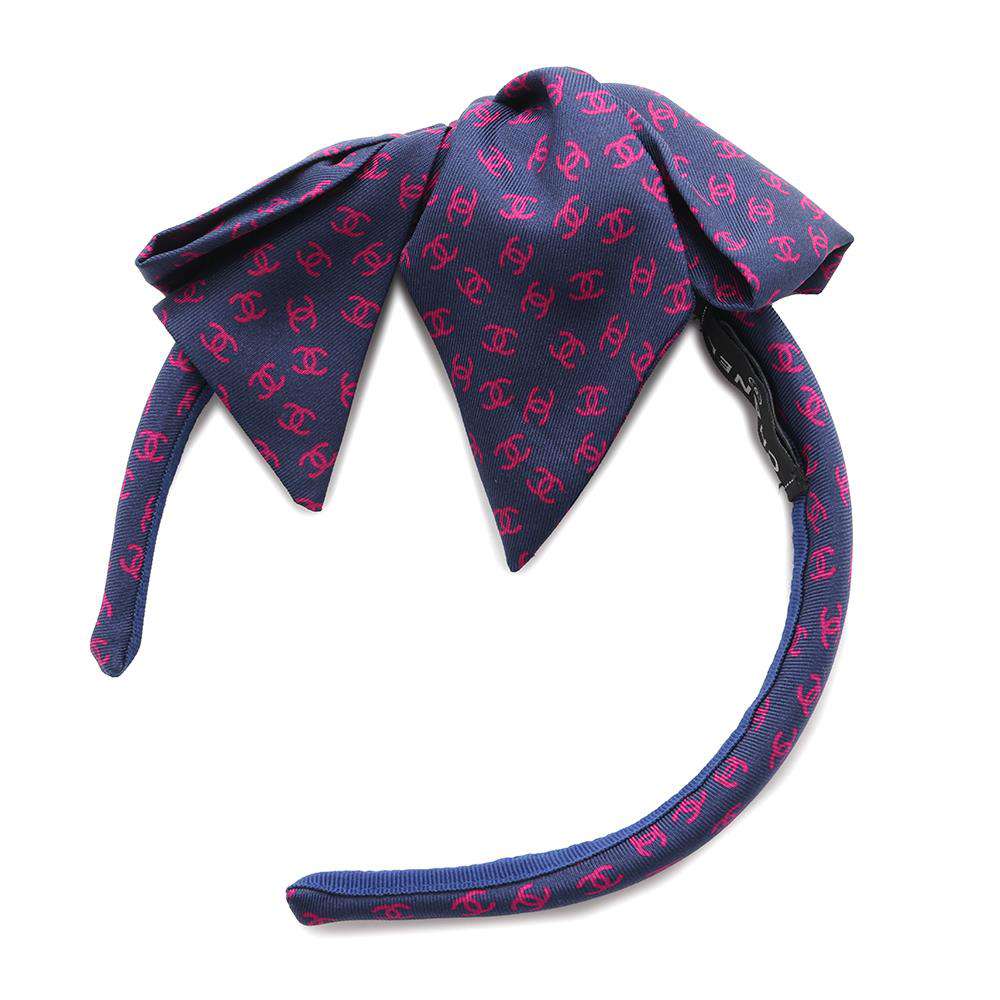 CHANEL CC Logo All-over Print Ribbon Headband Navy/Pink Silk100%