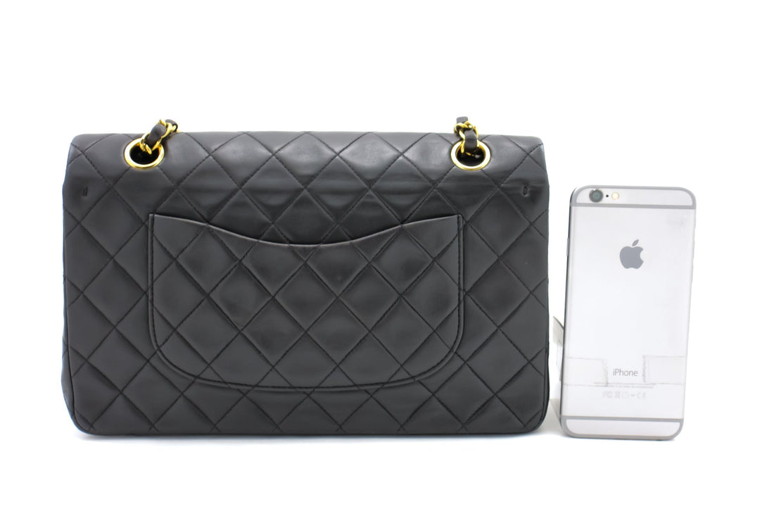 CHANEL Classic Double Flap 10" Chain Shoulder Bag Black Lambskin i68
