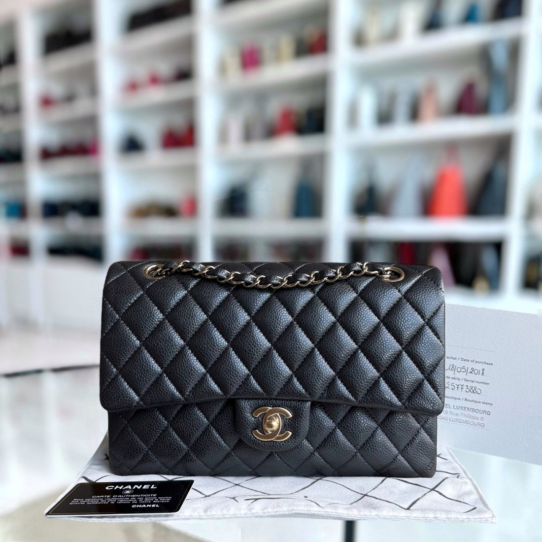 Chanel Classic Flap Medium - Togo/epsom/caviar/clemence/callfskin/cowhide/lambskin 25CM Quilted Grained CalBNkin Charcoal Gold Hardware Series 25