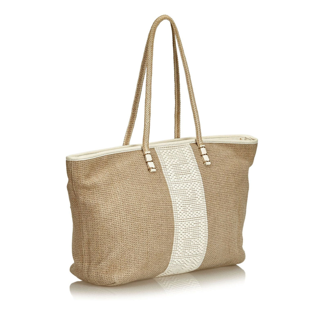 Fendi Brown Beige Hemp Natural Material Striped Tote Italy