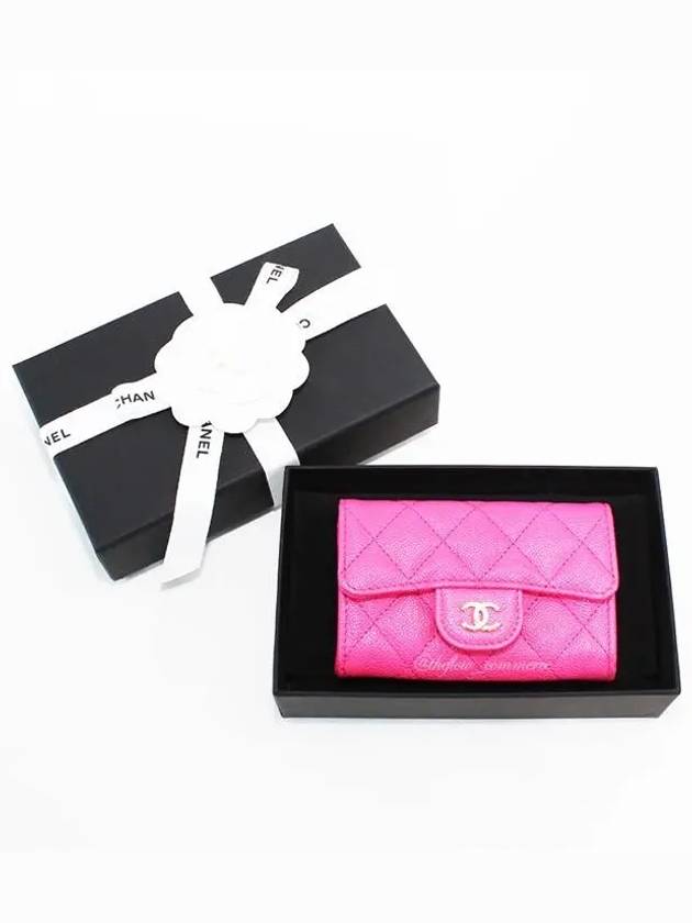 Classic Gold Logo Grained Shiny CalBNkin Card Wallet Fuchsia Chanel
