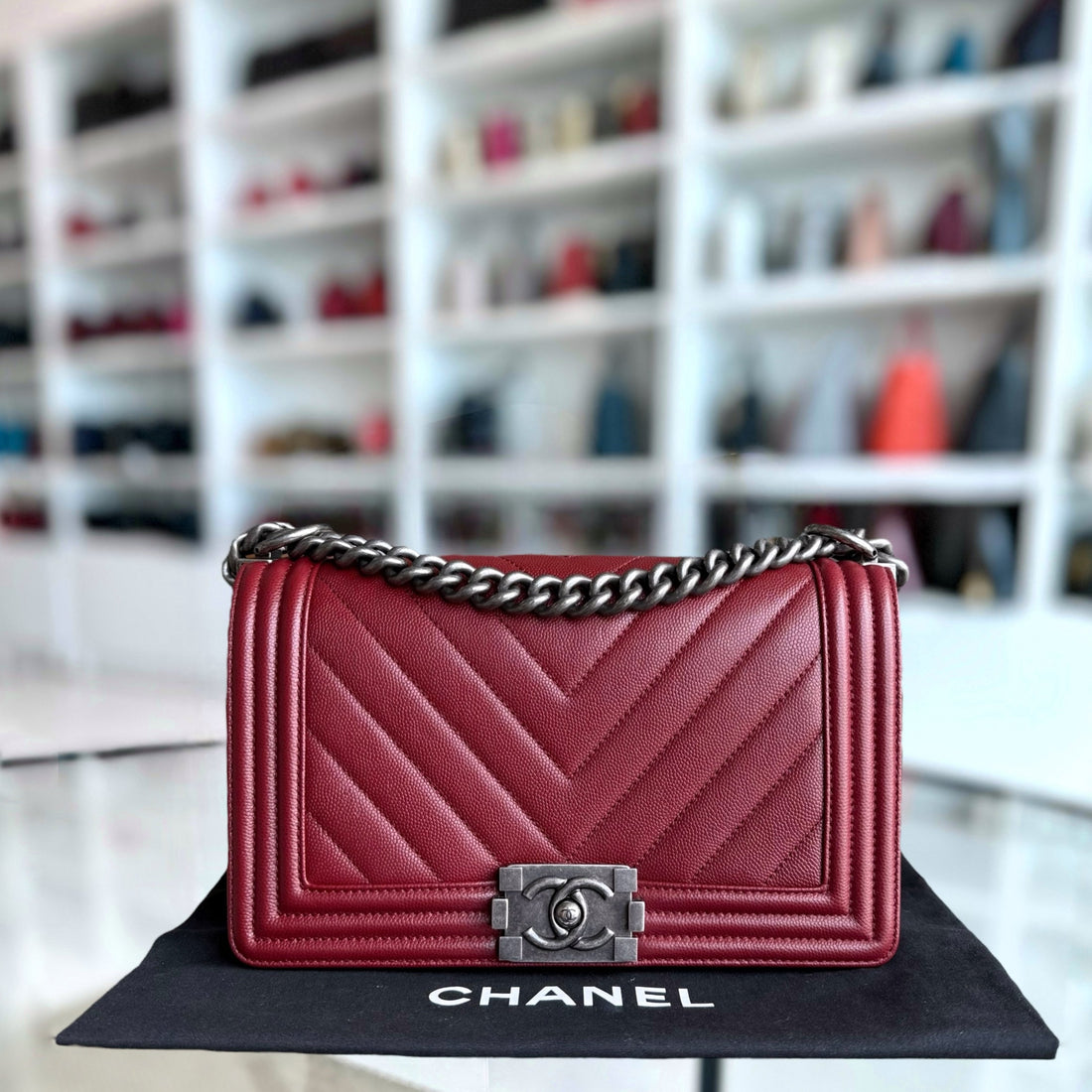Chanel Boy Medium - Togo/epsom/caviar/clemence/callfskin/cowhide/lambskin 25CM Chevron Dark Red Burgundy Ruthenium Silver Hardware Series 24