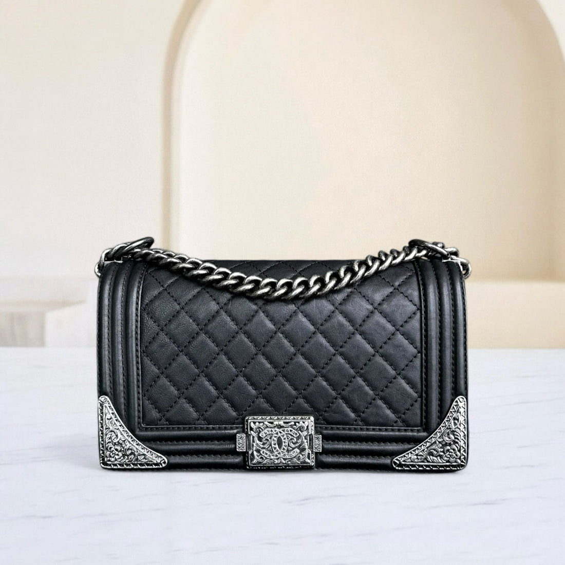 Chanel Boy Medium - 25CM Paris-Dallas Metal Edge Grained CalBNkin Black Silver Hardware Series 19