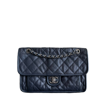 Chanel Seasonal Flap French Riviera Jumbo - Togo/epsom/caviar/clemence/callfskin/cowhide/lambskin 30CM Quilted CalBNkin Dark Blue Silver Hardware Series 19