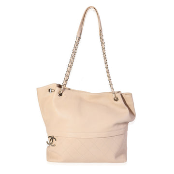Chanel Beige Quilted Grained CalBNkin Zip & Carry Tote