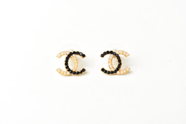 Chanel Earrings CC Mark Pearl Motif Rhinestone Black/Gold