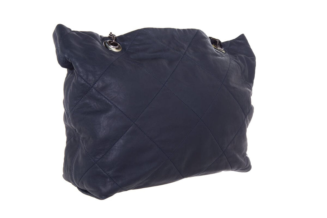 Lanvin Navy Lambksin Leather Quilted Tote