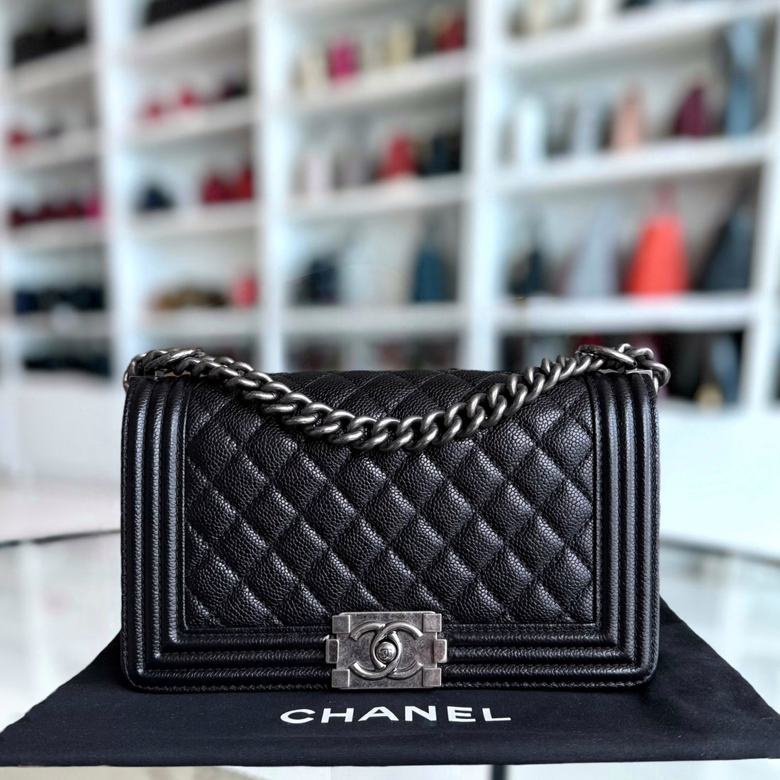 Chanel Boy Medium - Togo/epsom/caviar/clemence/callfskin/cowhide/lambskin 25CM Quilted Black Ruthenium Silver Hardware Series 19