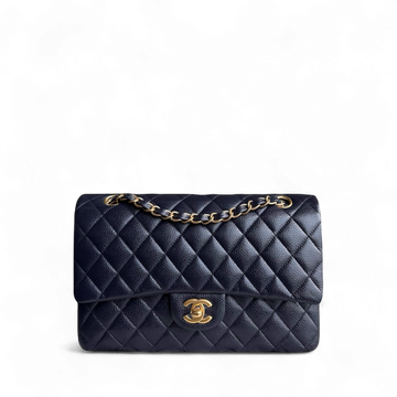 Chanel Classic Flap Medium - Togo/epsom/caviar/clemence/callfskin/cowhide/lambskin 25CM Quilted Grained CalBNkin Dark Navy Midnight Blue Gold Hardware Series 21