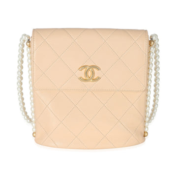 Chanel Beige Quilted CalBNkin Small Pearl Chain Hobo
