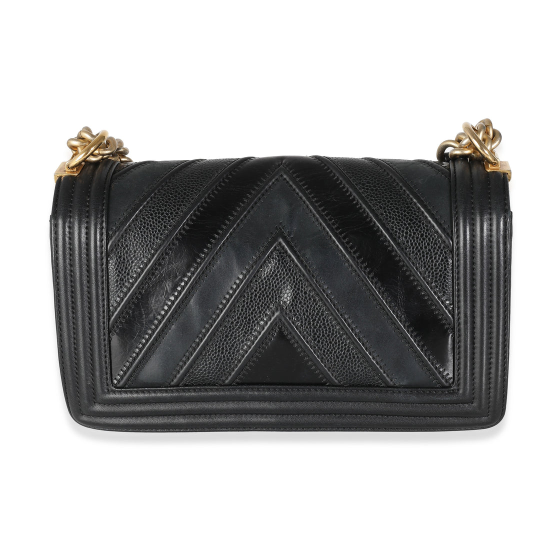 Chanel Black CalBNkin Caviar In The Mix Chevron Old Medium Boy Bag