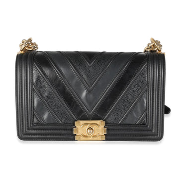 Chanel Black CalBNkin Caviar In The Mix Chevron Old Medium Boy Bag