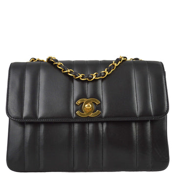 Chanel 1994-1996 Black Lambskin Small Vertical Stitch Straight Flap Bag