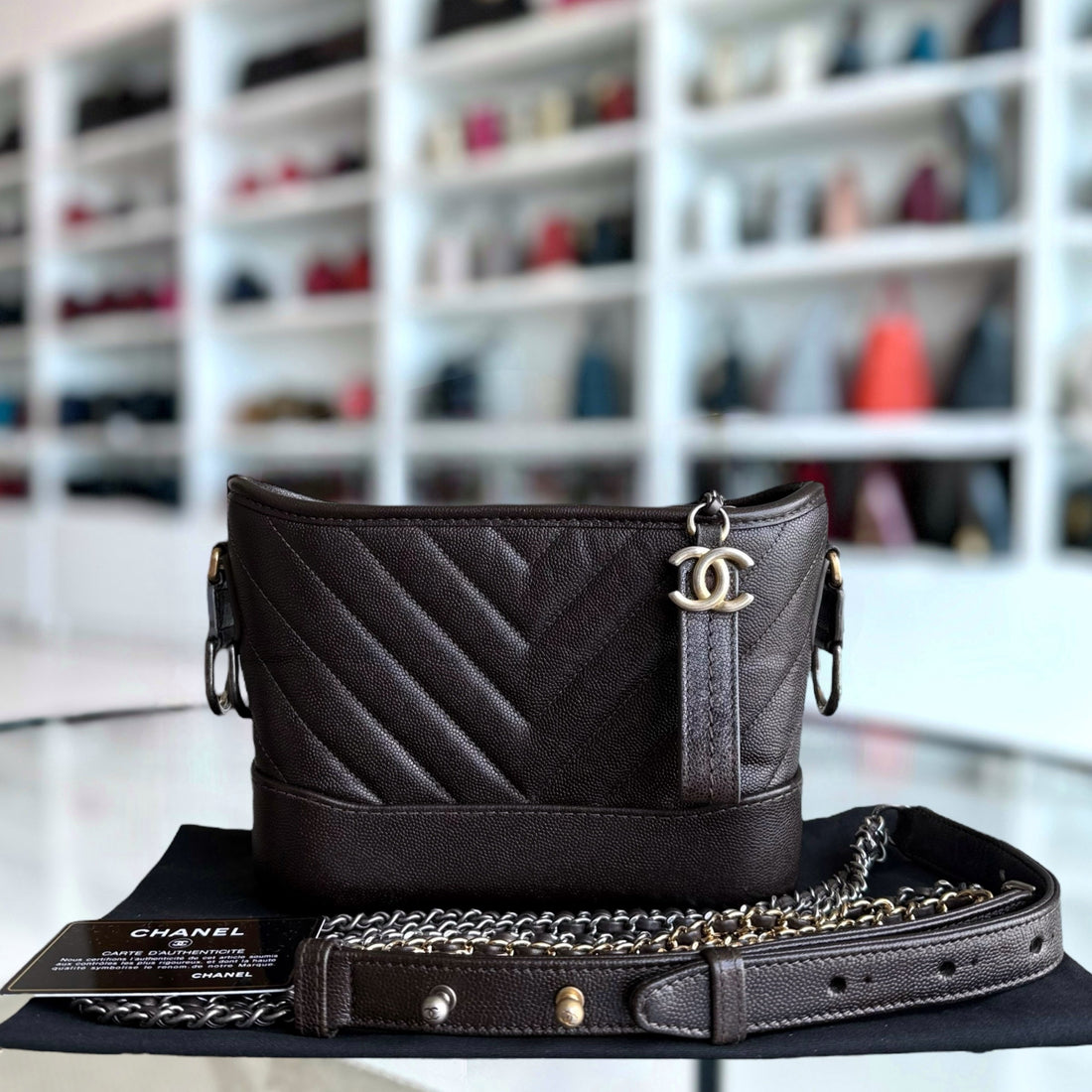 Chanel Gabrielle Small - Togo/epsom/caviar/clemence/callfskin/cowhide/lambskin Chevron Dark Brown Two-tone Gold Hardware Series 26