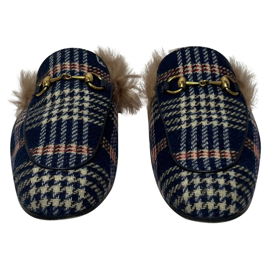 Gucci Princetown Plaid Fur Trim Mules in Blue Canvas