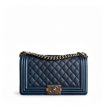 Chanel Boy Medium - Togo/epsom/caviar/clemence/callfskin/cowhide/lambskin 25CM Quilted Dark Blue Ruthenium Gold Hardware Series 19