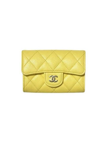 Classic Gold Logo Grained Shiny CalBNkin Card Wallet Yellow Chanel