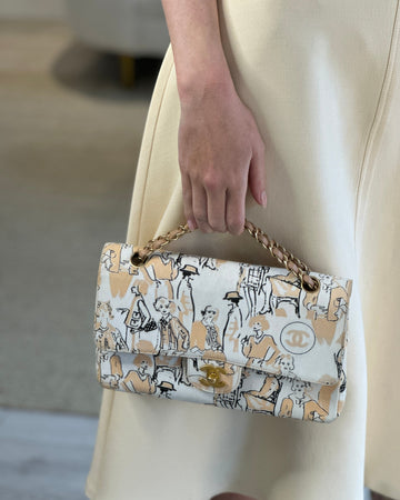Chanel Peach and White  Coco Print Classic Medium Double Flap Bag in Fabric with Brushed Gold Hardware