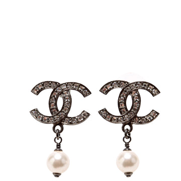 Chanel CC Crystal Faux Pearl Drop Earrings Gunmetal/Pearl