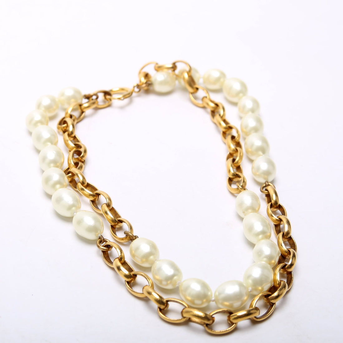 Chanel Faux Pearl/Chain 2-Row  Necklace Gold/Pearl
