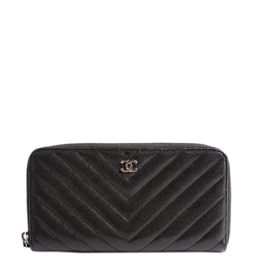 Chanel Chevron Caviar Large Gusset Zip Around Wallet 24M Black