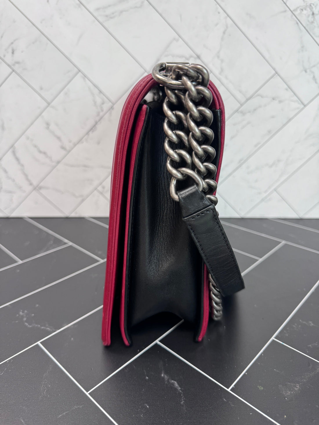 Chanel Large Lambskin Leather Black & Red Boy Bag