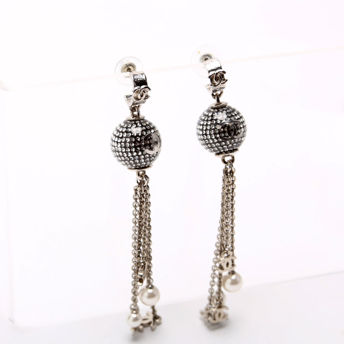 Chanel CC Disco Ball Drop Earrings Silver