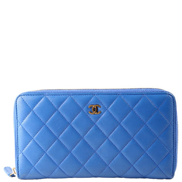 Chanel CC Zip Around Organizer Wallet Quilted Lambskin Blue