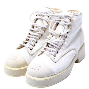 Chanel Pony Hair Lace Up Combat Boots Size 37.5 White