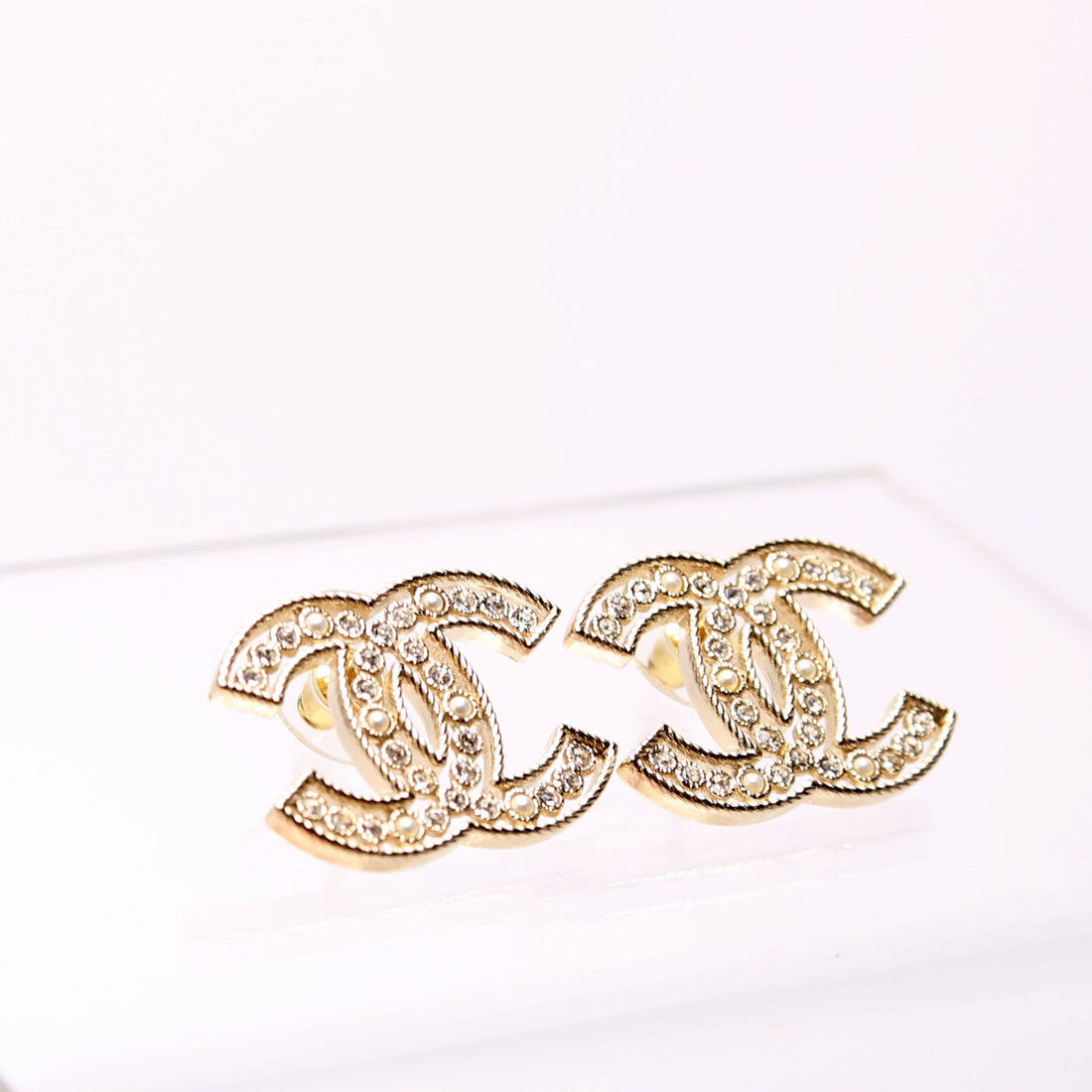 Chanel Crystal CC Stud Earrings Gold/Pearl