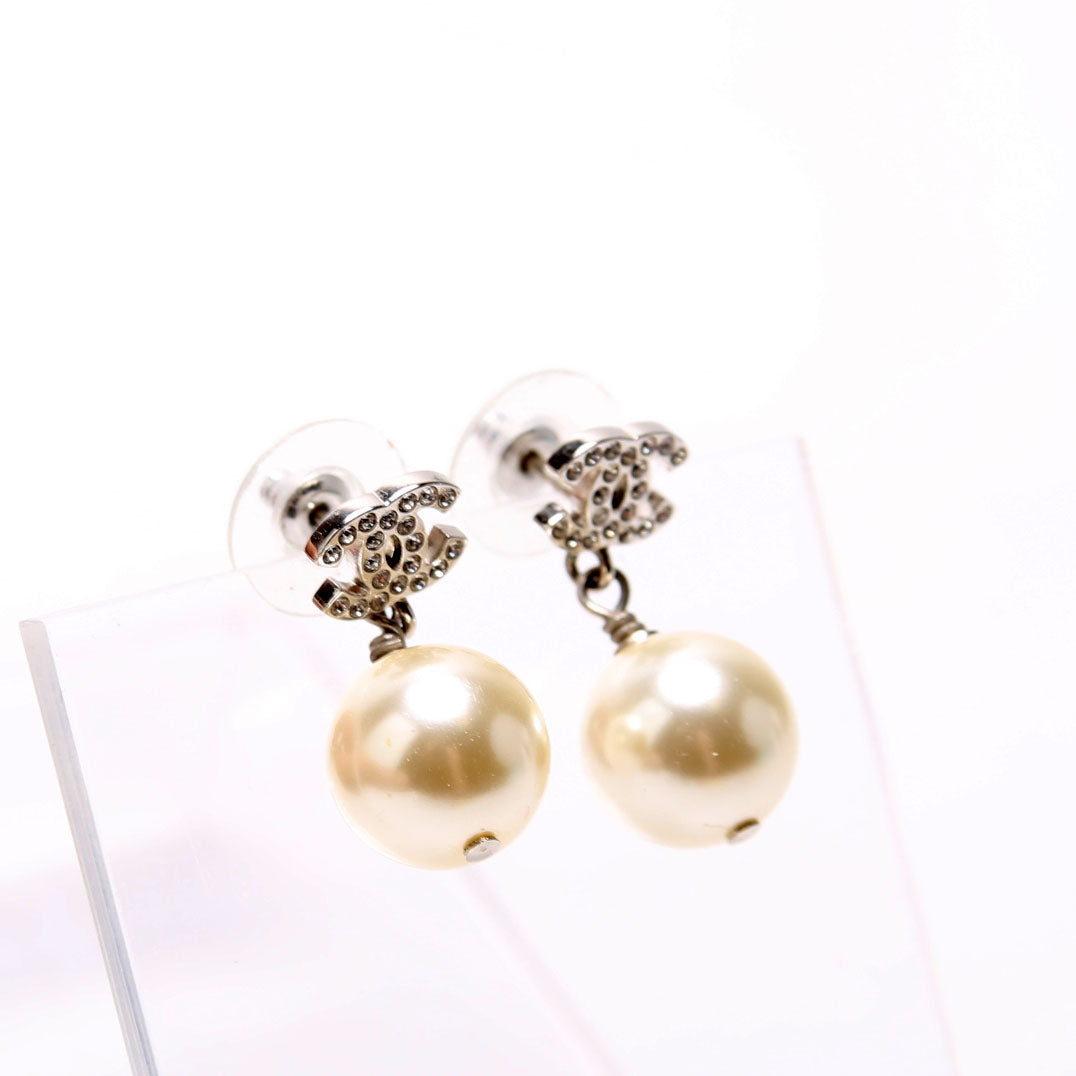 Chanel Crystal CC Pearl Drop Earrings Pearl/Silver