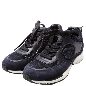 Chanel Tweed/Suede CC Trainers Size 38 Navy