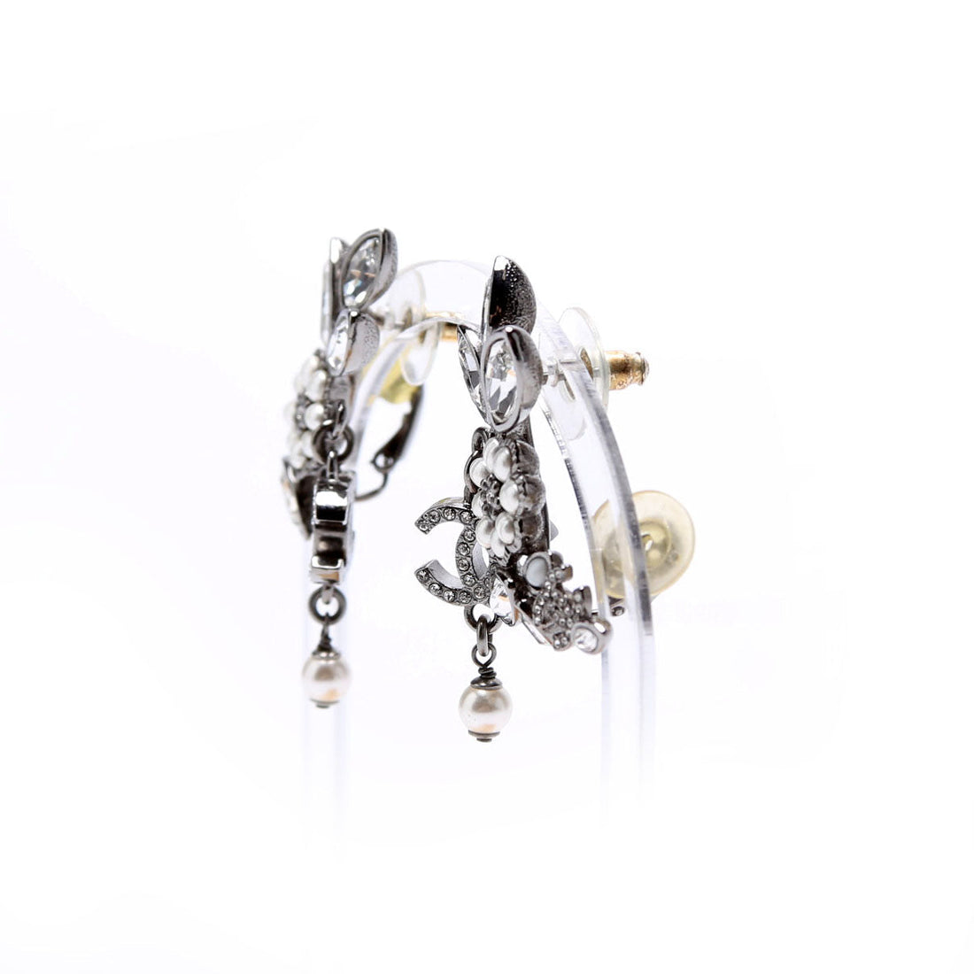 Chanel Crystal Pearly Flower Cluster Drop Silver/Pearl