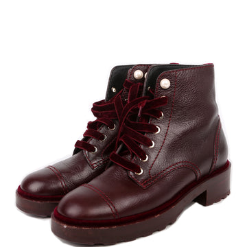 Chanel CC CalBNkin/Velvet Pearl Combat Boots Size 38 Burgundy