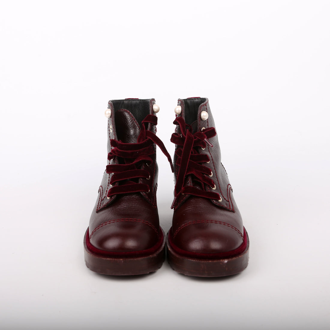 Chanel CC CalBNkin/Velvet Pearl Combat Boots Size 38 Burgundy